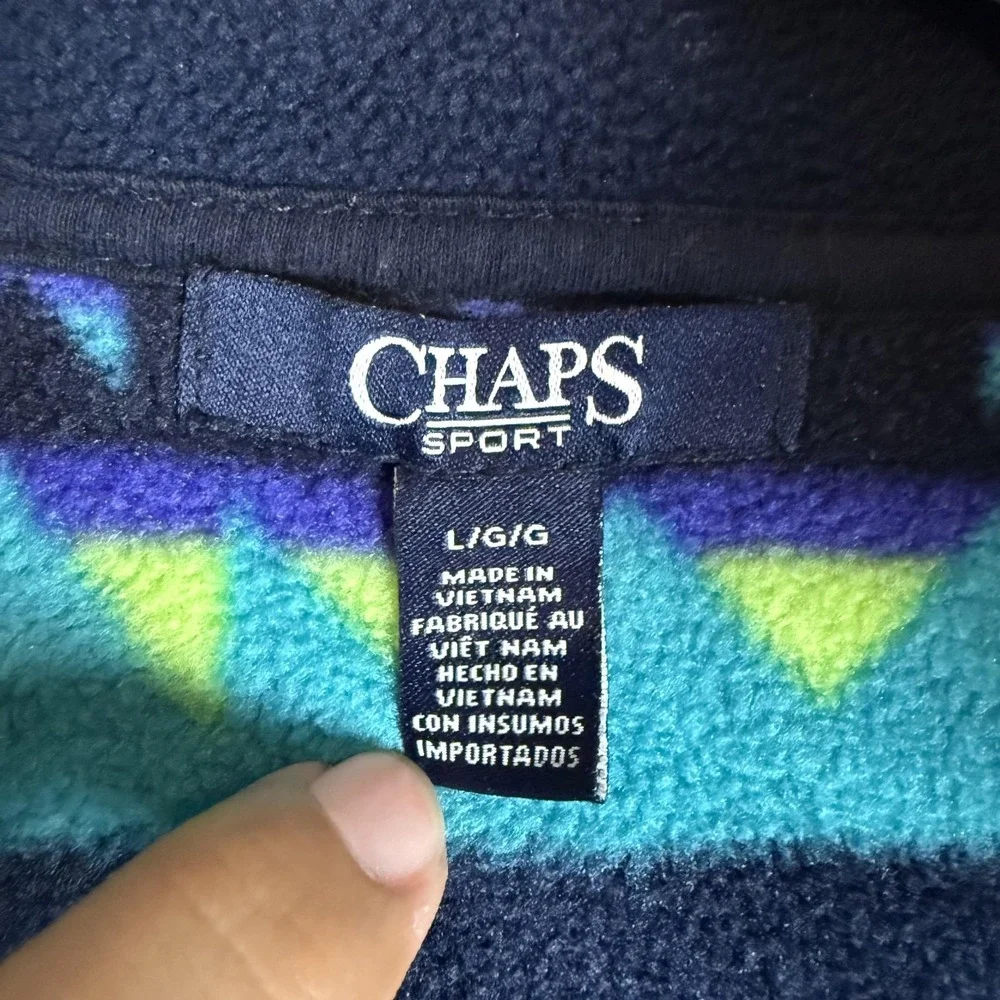 Chaps Vest Women Large Blue Teal Fleece Full Zip Southwestern Tribal Aztec Print